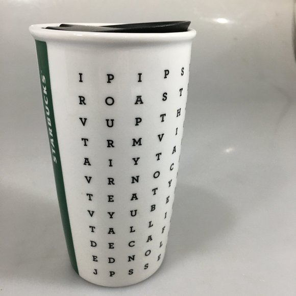 Starbucks White Word Search Alphabet Crossword Ceramic Mug Traveler 12 oz 2016 - Picture 4 of 7